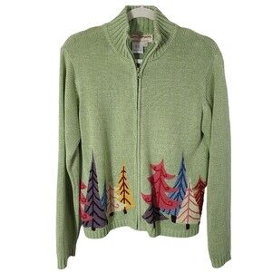 Norm Thompson Vintage size Small full zip pine tree pattern knit sweater green